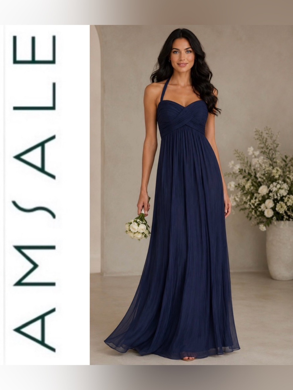 Amsale G426C Navy Chiffon Halter Maxi Dress size 6